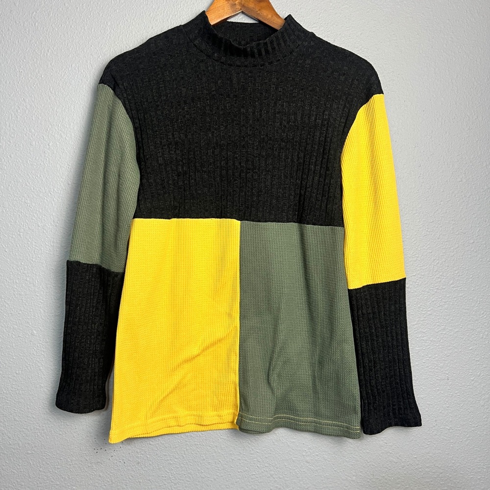 Tickled Teal Color Block Mock Neck Retro Cozy Sweater Top Pullover Knit Small
